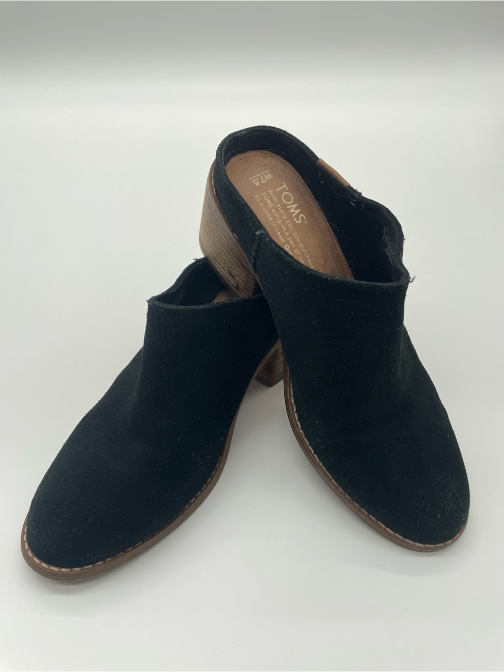 TOMS Leila Black Suede Block Heel Mules | Size 7.5
